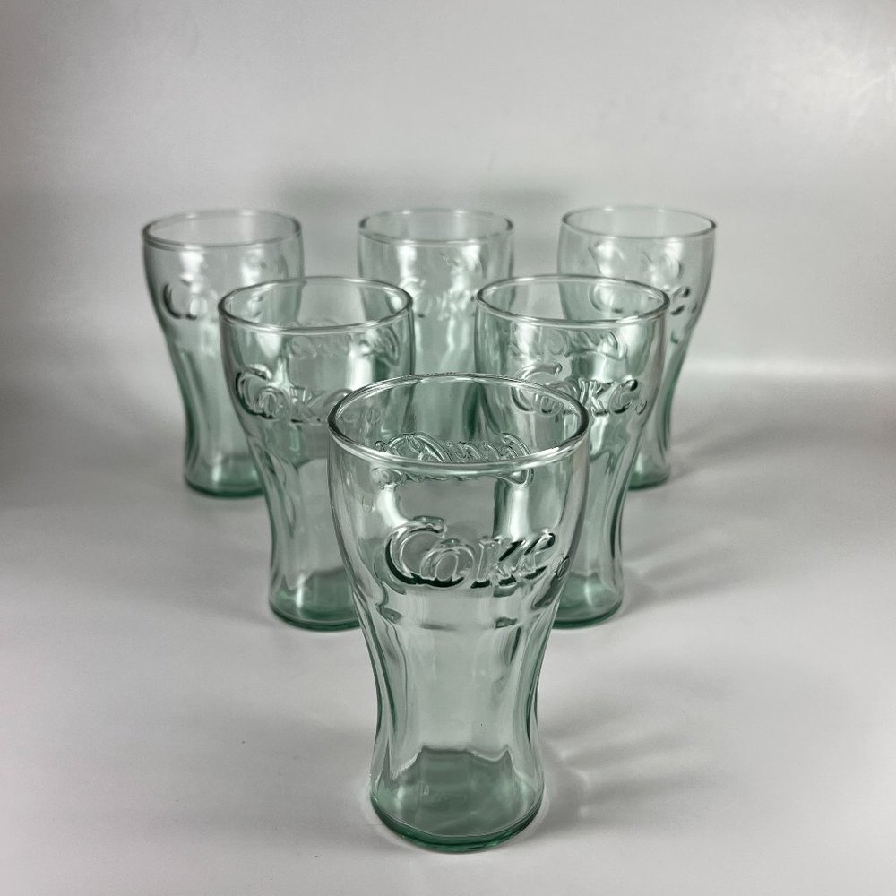 Vtg Coca Cola Coke Juice Glasses Green Embossed Bell Shaped Collectible Lot of 6